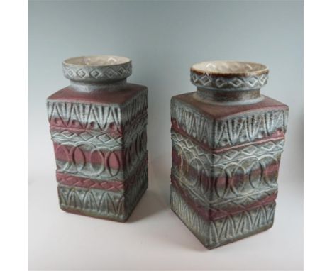 A pair of substantial Bay Keramik Fat Lava West German floor vase of rectangular form, having relief and incised stylised dec