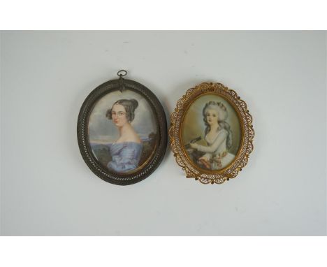 Two 18th/19th Century ivory oval miniatures, the first depicting a young lady dressed in blue before a rolling countryside la