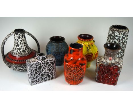 A collection of seven pieces of West German Fat Lava ceramics, to include a Jasba vase having orange spiralled decoration on 