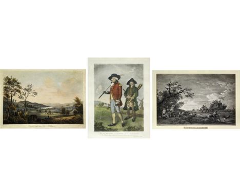 A coloured print of a golfer dressed in late 18th century attire with caddy, with inscription 'To the Society of Golfers at B