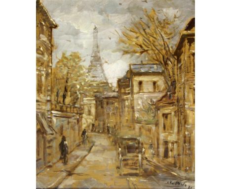 Filippo de Pisis (Italian, 1896-1956) - 'Paris Street Scene with Eiffel Tower in the Distance', oil on canvas, signed and dat