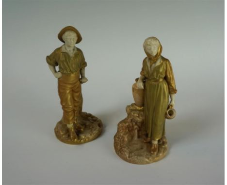 A Pair of Royal Worcester Blush ivory 'Navvy and his companion figures' dated 1917, the male and female figures dressed in ru