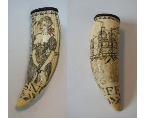 A carved scrimshaw snuff holder, possibly a Whale tooth, intricately carved and stained to one side depicting a masted ship w