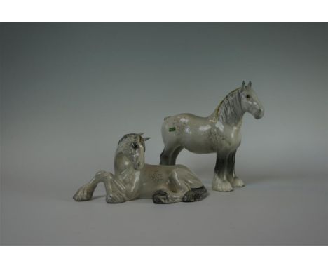 Two Beswick horse figures, the first 'Mare shire horse', model number 818, 21.5cm high, 22cm long, together 'Shire Mare Lying