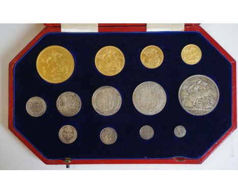 A cased Edward VII gold and silver coronation proof set, dated 1902, comprising gold five pounds, two pounds, sovereign, half