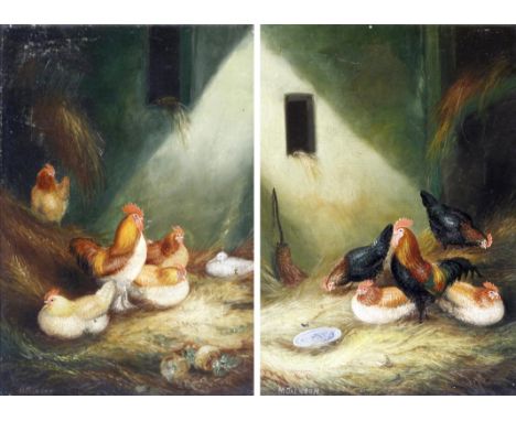M. Jackson (British, 19th century) - 'Chickens and Cocks', a pair of oil on canvas, signed, approx 40x30cm, inset matching mo