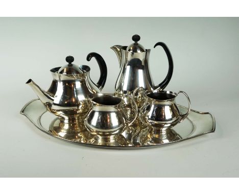 An Eric Clements for Mappin & Webb silver-plated five piece tea service, comprising teapot, hot water jug, twin handled sugar