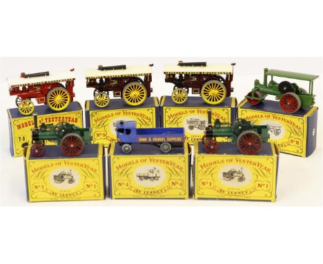Seven boxed Models of Yesteryear series Lesney Diecast vehicles, comprising 2x no.1 Allchin 7-NHP traction engines, no.4 Sent