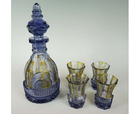 A good quality Bohemian cut and faceted glass drinking set, to include decanter and stopper, four tumblers, each having engra