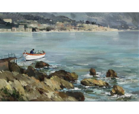 Righetti (Italian, 20th Century) - 'Cap Martin', oil on canvas, signed, inscribed verso, approx. 33x46cm, inset foliate mould