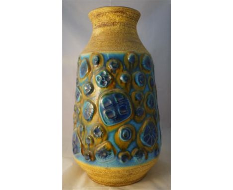 A Carstens West German ceramic Fat Lava vase of cylindrical form having glazed stylised decoration on a turquoise and mustard