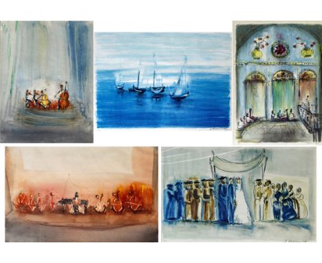 Yosef Kossonogi (Israeli, 1908-1981) - five works, comprising - 'Pianist and strings at wedding', mixed media, signed, bears 