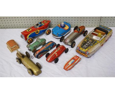 Nine tinplate motor vehicles of various ages and by various makers including Schuco, Marx, JPB, etc, some clockwork, some fri