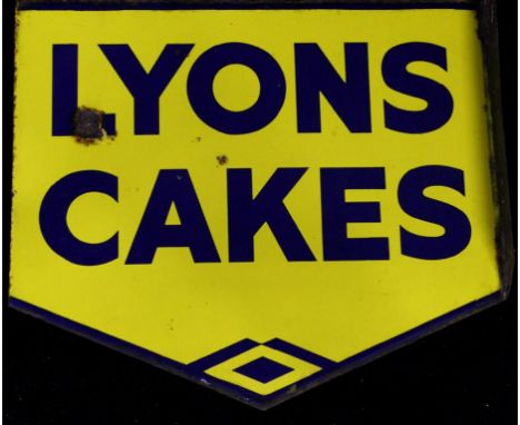 A late 19th/20th century advertising enamel double sided sign for Lyons cakes, length 45cm (illustrated) 