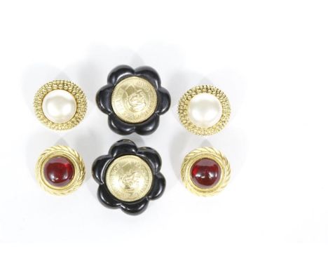 Chanel: Three pairs of vintage Chanel clip earrings, dating from circa 1980's, to include a black and gold tone floral form p