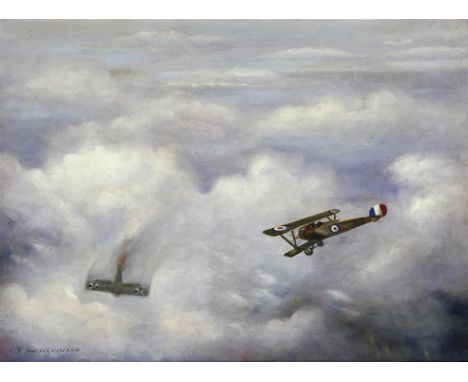 Christopher Richard Wynne Nevison (British, 1889-1946) - 'World War I British and German Bi-plane Dog Fight', oil on canvas, 