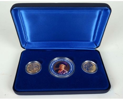 A cased set commemorating Her Majesty The Queen Mother's 100th birthday, comprising Queen Victoria gold sovereign dated 1900,