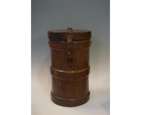 An early 20th century British military leather shell carrier, possibly for 8inch Howitzer shells, the main body with band sup