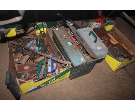 Two boxes of various tools together with tool boxes and contents
