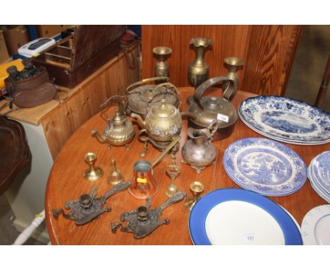 A quantity of metalware to include brass vases; brass and copper kettle; spirit warmer on stand etc.