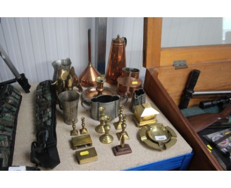 A quantity of metalware to include brass candle stick, pewter; brass ashtrays etc