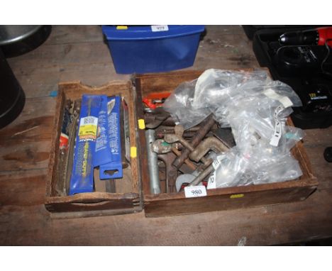 Two wooden trays of various tools 