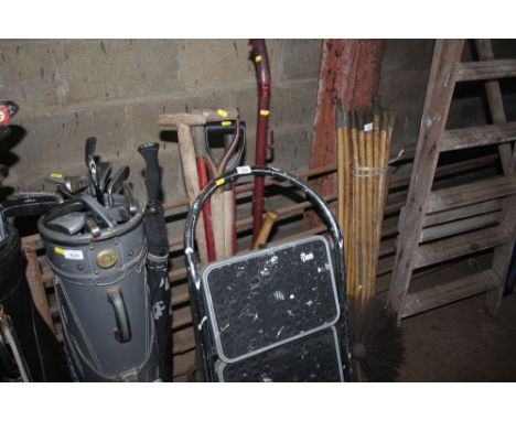 A quantity of long handled gardening tools; together with a set of steps