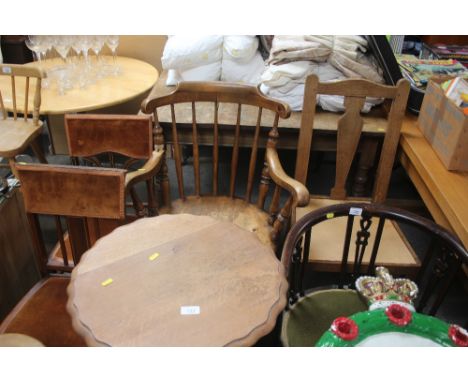 An Edwardian mahogany tub chair; together with an oak dining chair; a stick back elbow chair and a pair of bedroom chairs