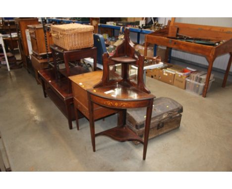 A late Victorian rosewood and satinwood inlaid corner shelf 