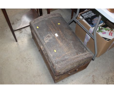 A hide and metal bound trunk and one other 