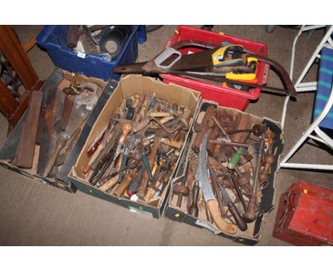 Three boxes and a plastic crate of various hand tools