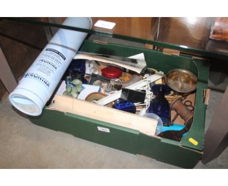 A box of various sundry items to include graduating scales and weights etc