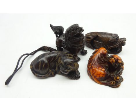 Carved wooden netsuke in the form of a fish and three others (4) Condition Report & Further Details Click here for further im