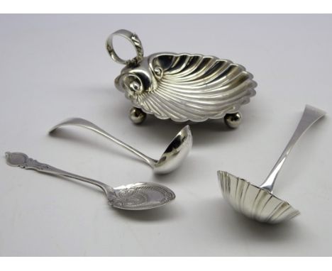 George III silver sauce ladle with fluted bowl London 1766 maker probably John Swift, 2 other silver spoons and a shell shape