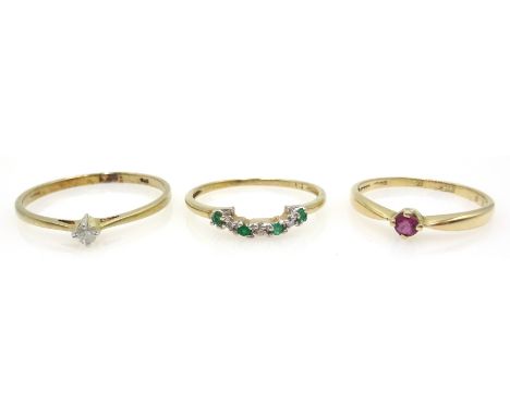 14ct gold ruby ring stamped 585, emerald and diamond gold ring,  and a single stone diamond ring hallmarked 9ct Condition Rep