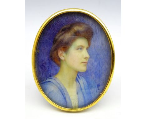 Early 20th century oval head and shoulders miniature portrait on ivory of a lady, signed with monogram F.L.D.E, H8cm  Conditi