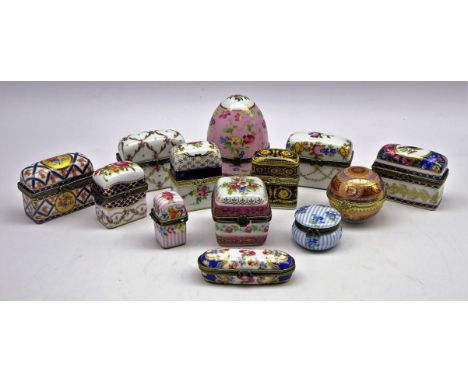 Thirteen porcelain scent bottle caskets and trinket boxes, each having floral designs and gilt metal mounts, by Orchid Design