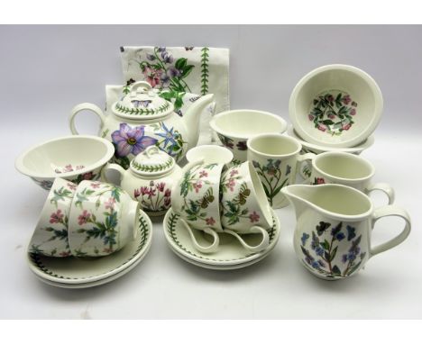Portmeirion 'Botanic Garden' tea ware including four cups and saucers, teapot, milk jugs, four footed bowls, tea towels etc (