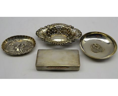 Engine turned silver snuff box L 9cm Birmingham 1957, Edwardian silver sweetmeat dish, Victorian silver small oval dish and a