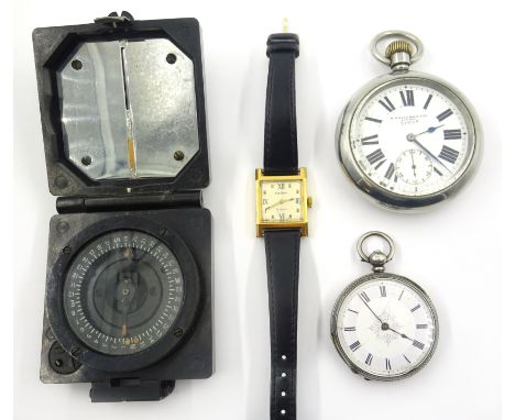 H Williamson military issue pocket watch no 24932F, Bakelite WWII military issue marching compass, continental fob watch stam