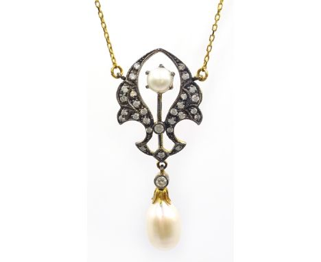 Pearl and diamond pendant on 9ct gold necklace stamped 375  Condition Report & Further Details Click here for further images,