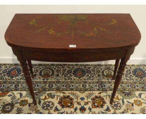 19th century mahogany card table, fold over baize lined top, the top and frieze hand painted with floral swags and Dutch wind