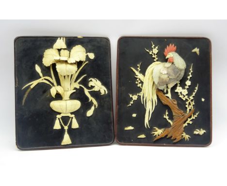 Pair Japanese Meiji period black lacquer panels, one carved in relief depicting a Cockerel perched on a branch with ivory, mo