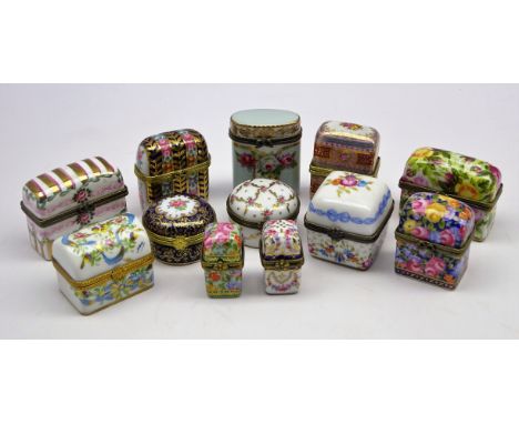 Thirteen porcelain scent bottle caskets and trinket boxes, each having floral designs and gilt metal mounts, by Orchid Design