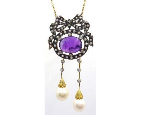 Gold and silver-gilt cabochon amethyst, seed pearl and diamond necklace, stamped 375 Condition Report &amp; Further Details C