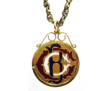 22ct gold enamelled coin, loose mounted in gold pendant hallmarked 9ct on Victorian gold chain tested 9ct, approx 19.6gm gros