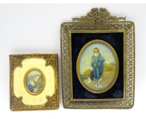 Continental oval miniature portrait of a girl at prayer in gilt metal frame, H5cm and a full length oval miniature portrait a