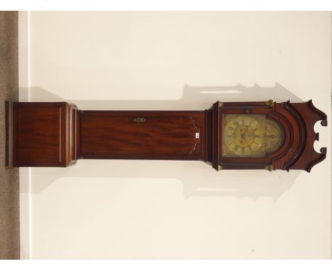 Late 18th century mahogany longcase clock, swan neck pediment above glazed door with fluted column supports, stepped ogee tru