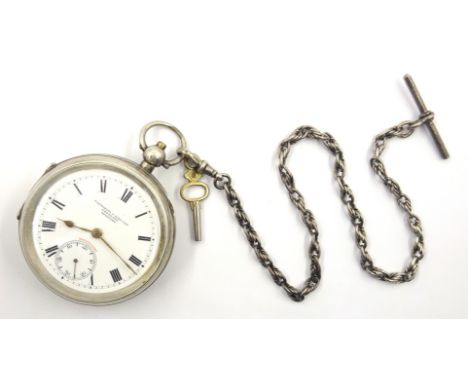 Silver key wound pocket watch by Fattorini & Sons, Bradford case by Aaron Lufkin Dennison Birmingham 1912 with silver Albert 