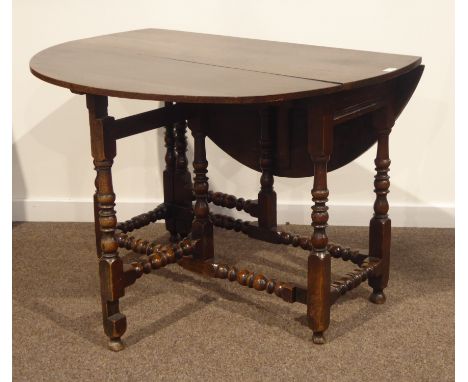 18th century oak dining table, oval drop leaf top, gate-leg action base, turned supports, single drawer to end, 107cm x 122cm